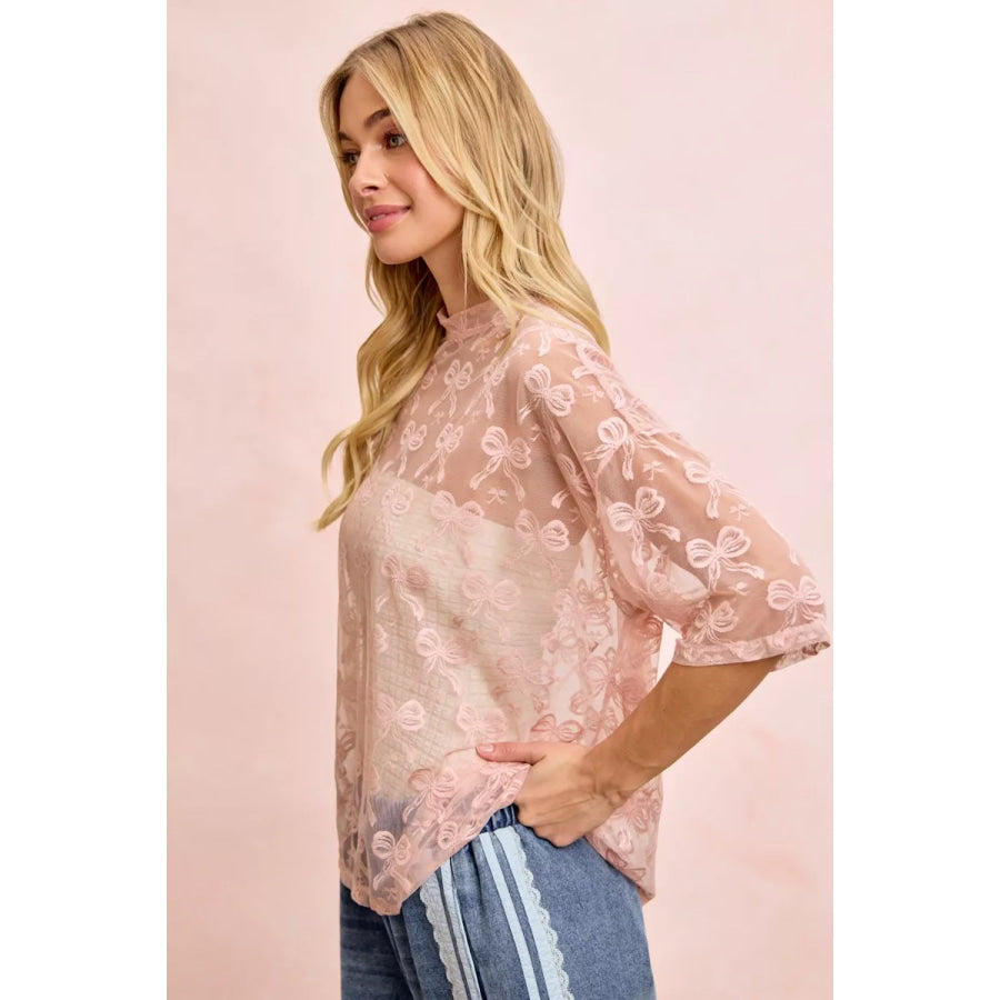 BiBi Bow Pattern Short Sleeves Boxy Mesh Top Apparel and Accessories