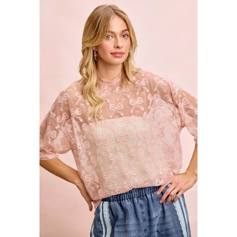 BiBi Bow Pattern Short Sleeves Boxy Mesh Top Apparel and Accessories
