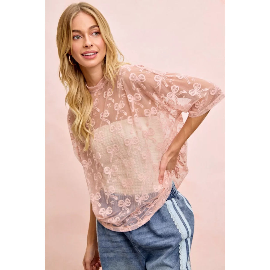 BiBi Bow Pattern Short Sleeves Boxy Mesh Top Apparel and Accessories