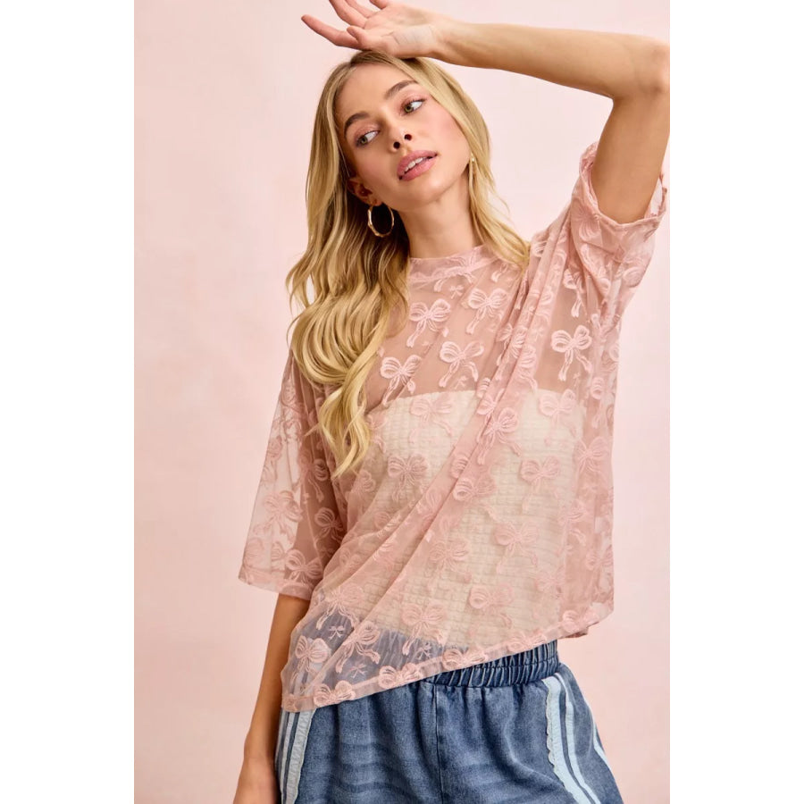 BiBi Bow Pattern Short Sleeves Boxy Mesh Top Apparel and Accessories