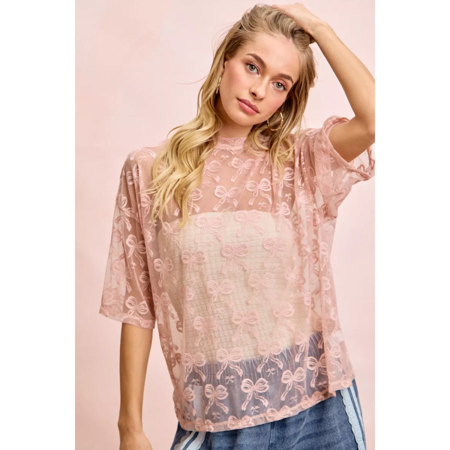 BiBi Bow Pattern Short Sleeves Boxy Mesh Top Apparel and Accessories