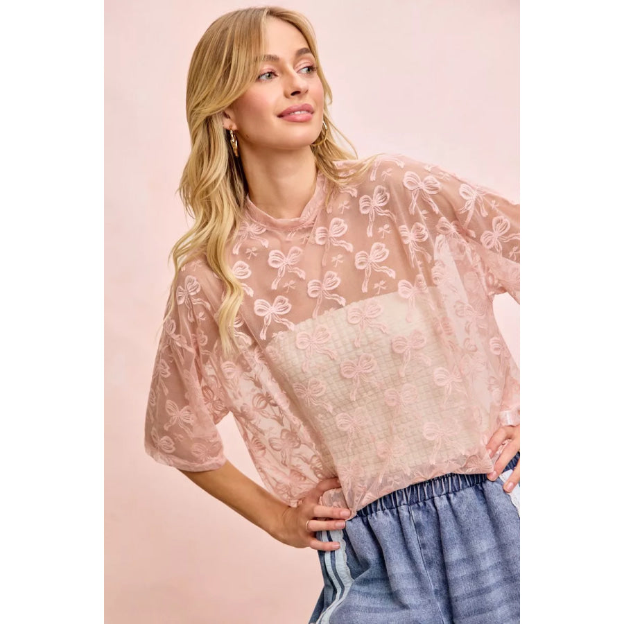 BiBi Bow Pattern Short Sleeves Boxy Mesh Top Apparel and Accessories