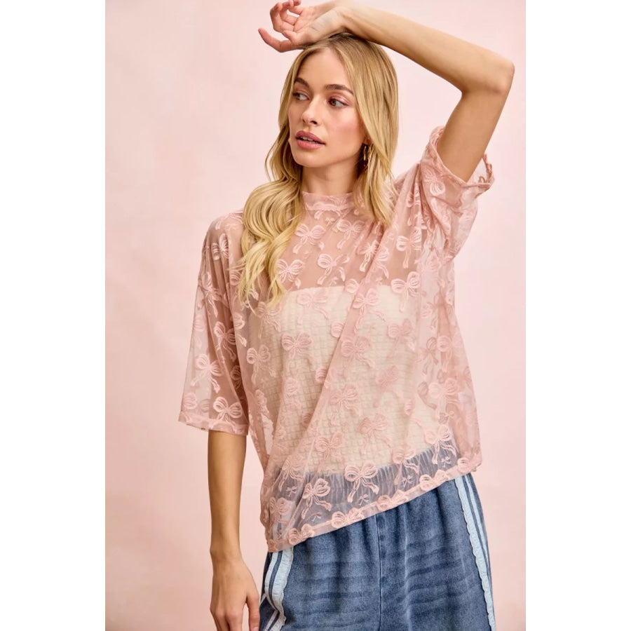 BiBi Bow Pattern Short Sleeves Boxy Mesh Top Apparel and Accessories