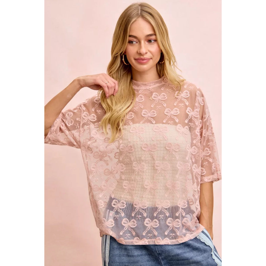BiBi Bow Pattern Short Sleeves Boxy Mesh Top Apparel and Accessories