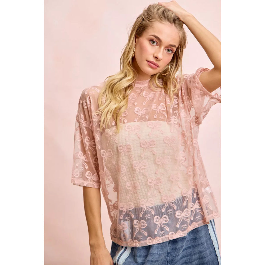 BiBi Bow Pattern Short Sleeves Boxy Mesh Top Apparel and Accessories
