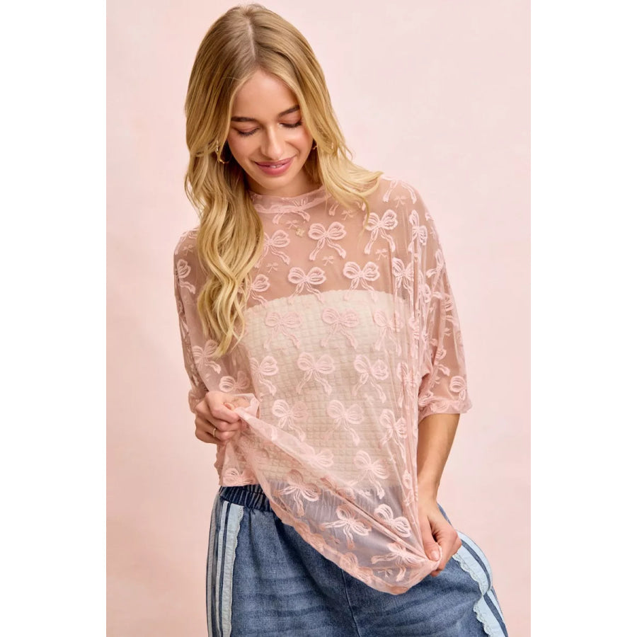 BiBi Bow Pattern Short Sleeves Boxy Mesh Top DUSTY ROSE / S Apparel and Accessories