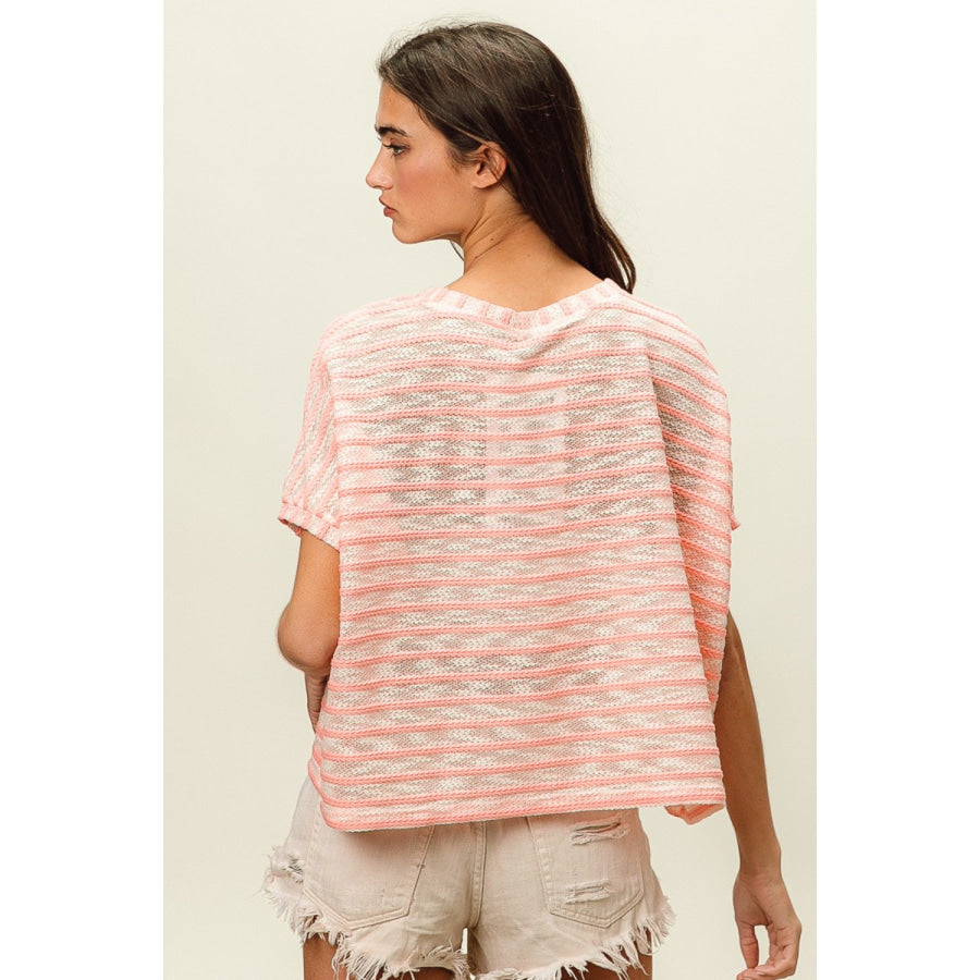BiBi Braid Striped Short Sleeve Round Neck T - Shirt Pink / S Apparel and Accessories