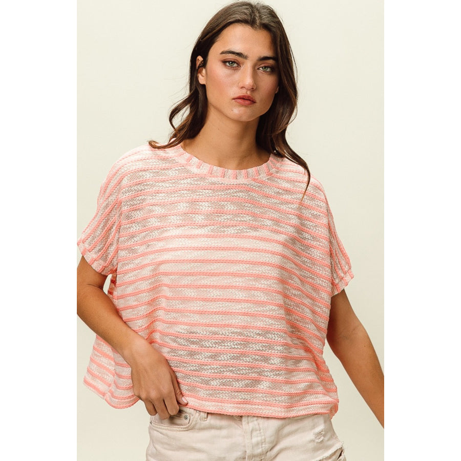 BiBi Braid Striped Short Sleeve Round Neck T - Shirt Pink / S Apparel and Accessories