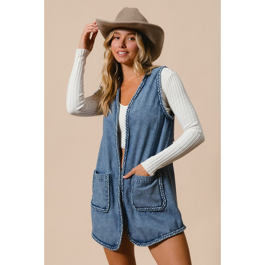 BiBi Braided Trim Open Front Denim Vest with Pockets Apparel and Accessories