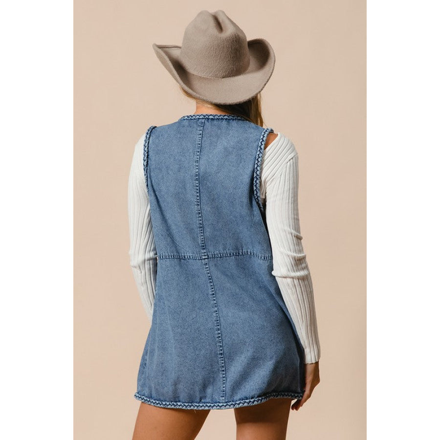 BiBi Braided Trim Open Front Denim Vest with Pockets Apparel and Accessories