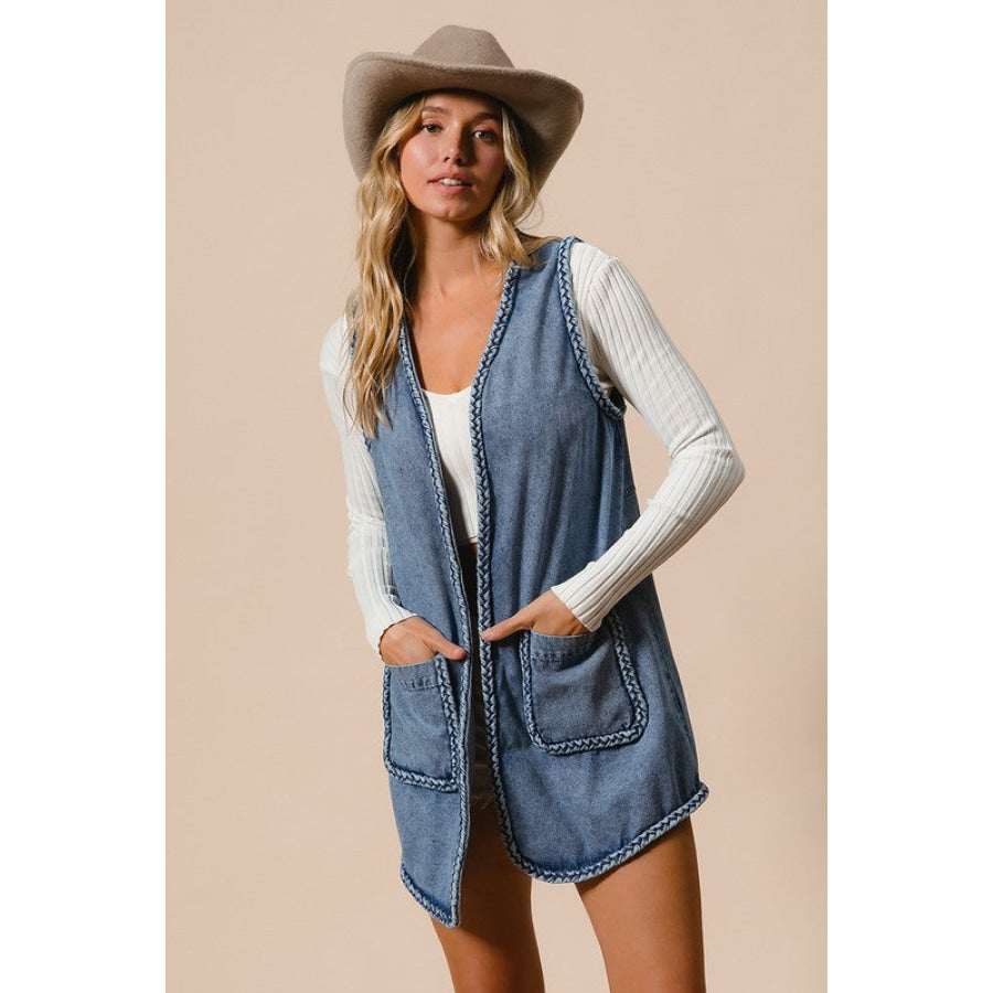 BiBi Braided Trim Open Front Denim Vest with Pockets Apparel and Accessories