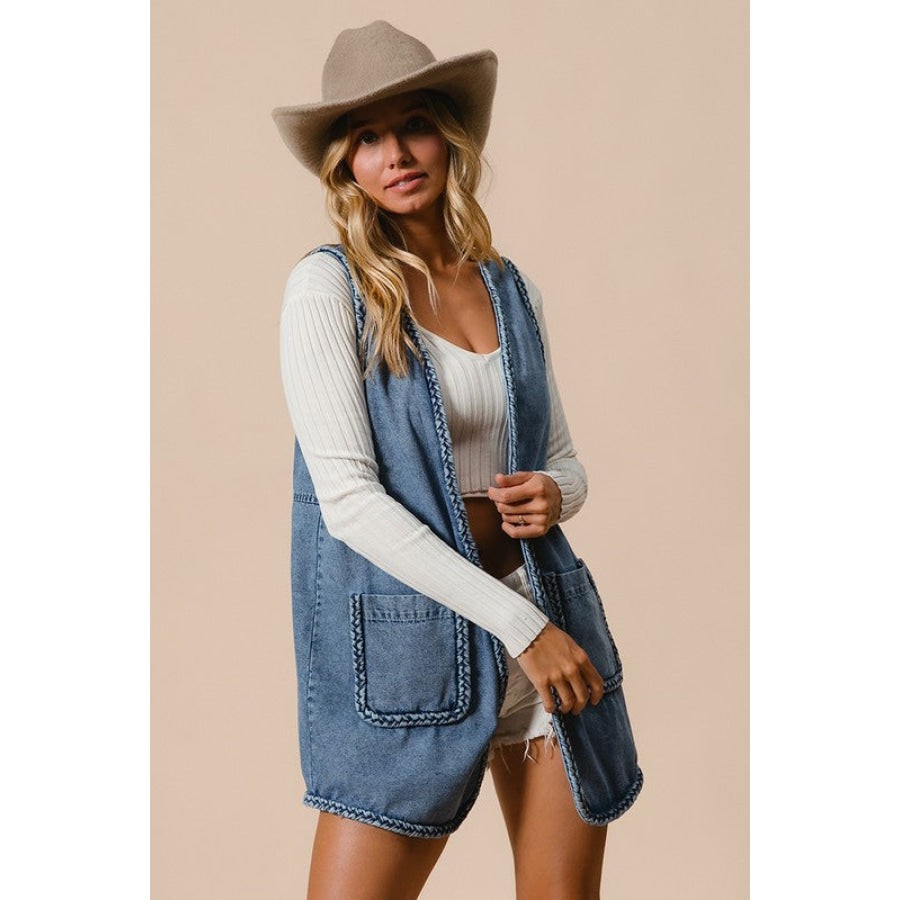 BiBi Braided Trim Open Front Denim Vest with Pockets Apparel and Accessories