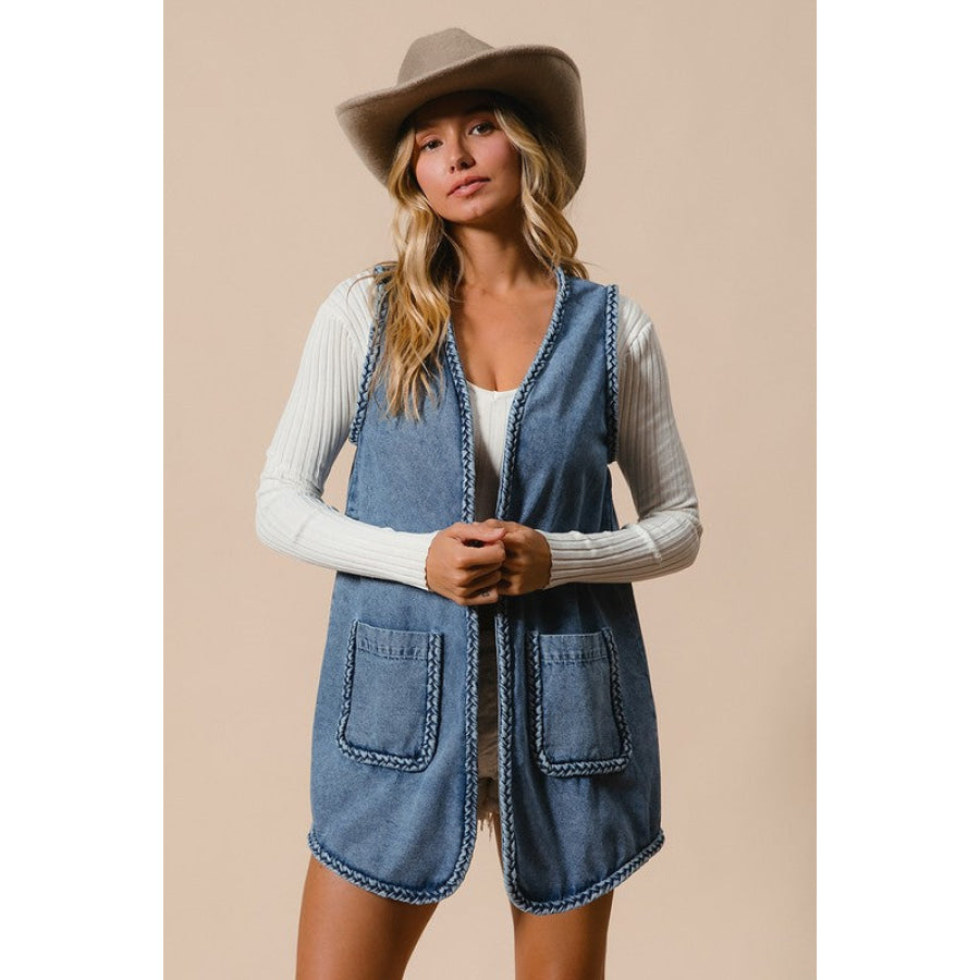 BiBi Braided Trim Open Front Denim Vest with Pockets Medium / S Apparel and Accessories