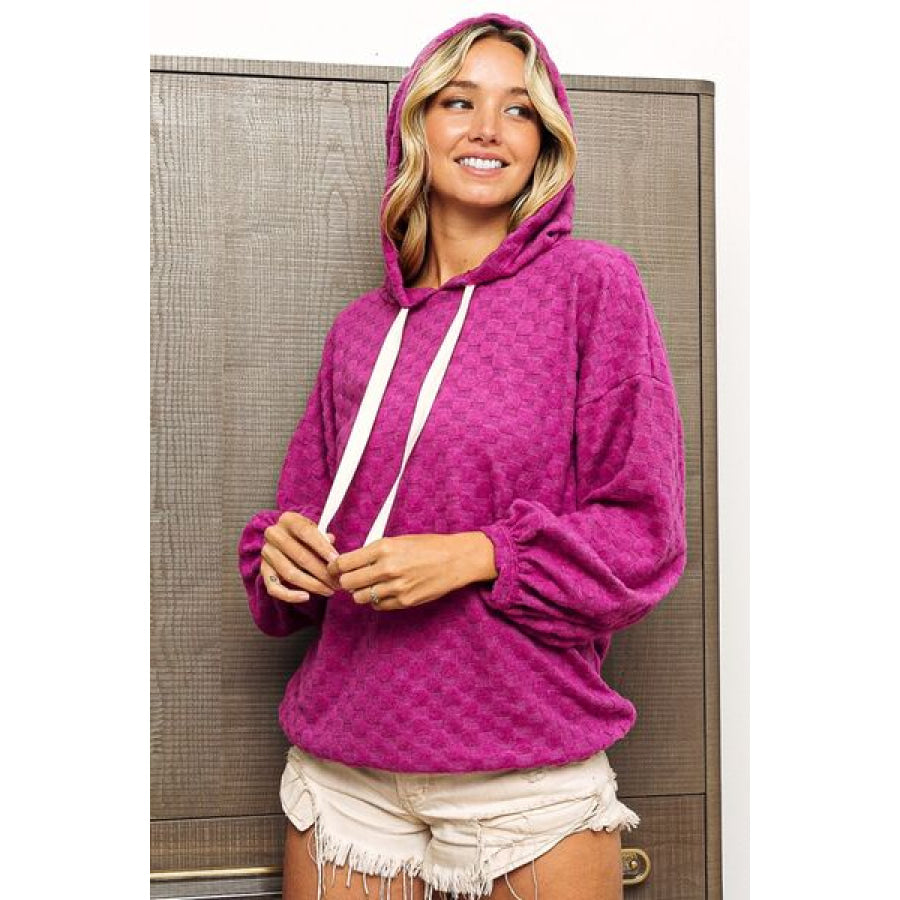 BiBi Brushed Checker Drawstring Long Sleeve Hoodie Apparel and Accessories
