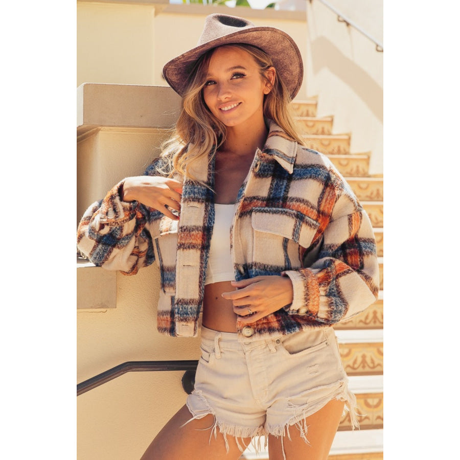 BiBi Brushed Plaid Crop Jacket with Pockets Apparel and Accessories