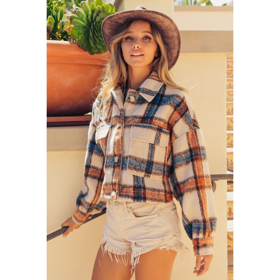 BiBi Brushed Plaid Crop Jacket with Pockets Apparel and Accessories