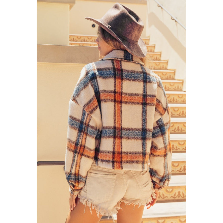 BiBi Brushed Plaid Crop Jacket with Pockets Apparel and Accessories