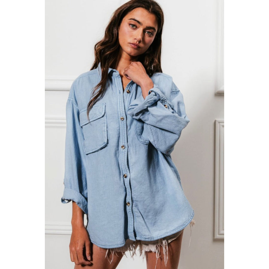 BiBi Button Down Stitch Detail Shirt with Chest Pockets Apparel and Accessories