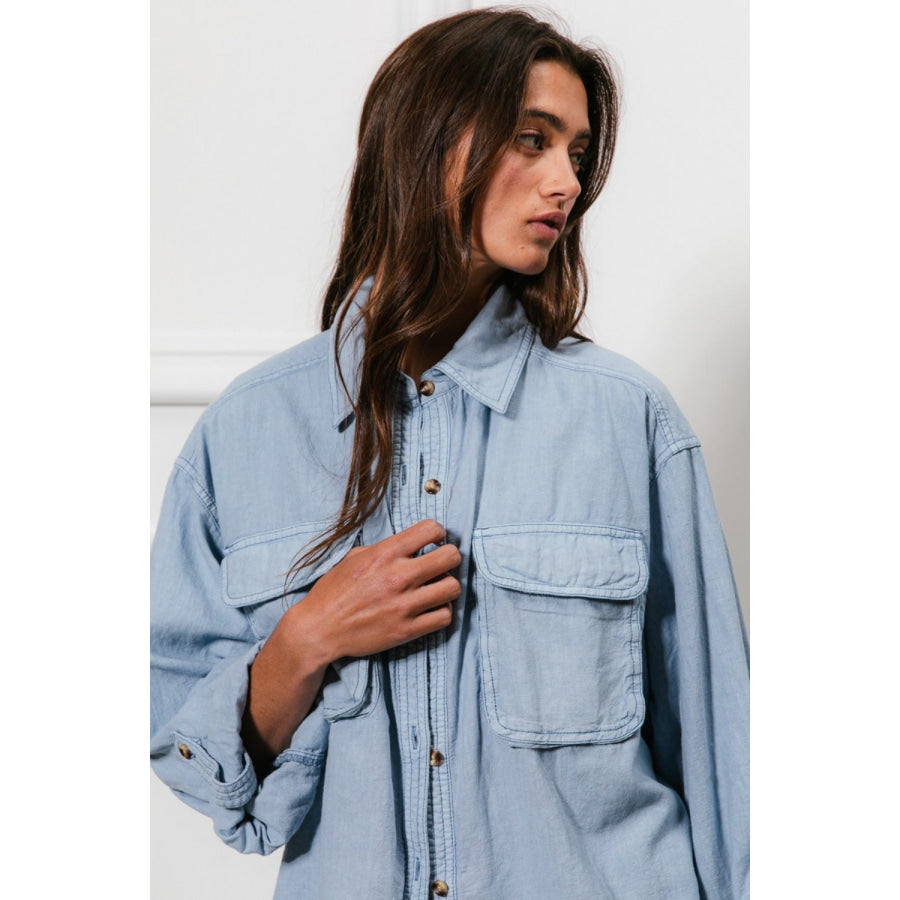 BiBi Button Down Stitch Detail Shirt with Chest Pockets Apparel and Accessories