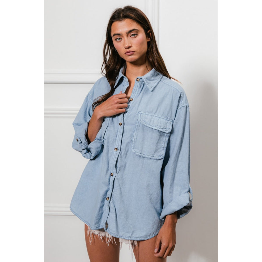 BiBi Button Down Stitch Detail Shirt with Chest Pockets Denim / S Apparel and Accessories