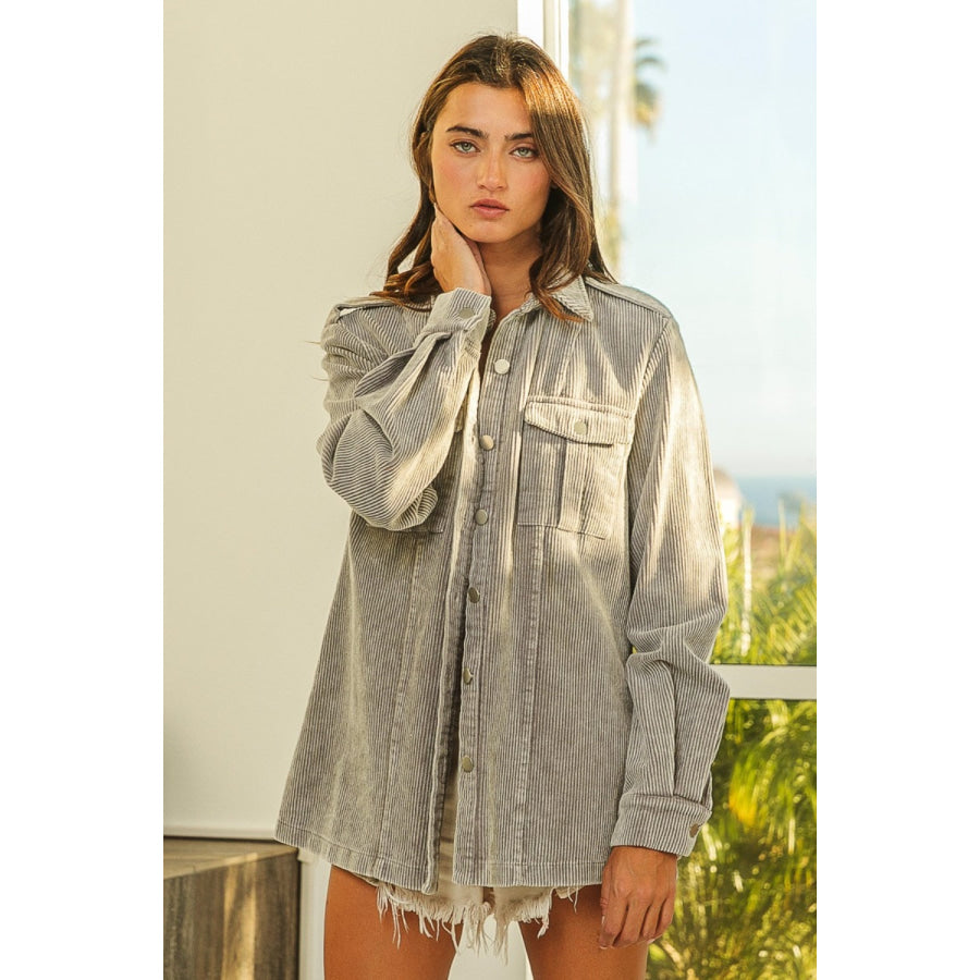 BiBi Button Up Corduroy Shacket Grey / S Apparel and Accessories