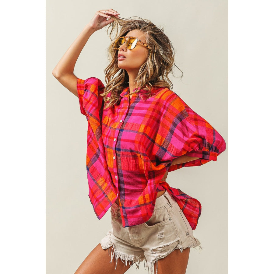 BiBi Button Up Dolman Sleeve Plaid Shirt Apparel and Accessories