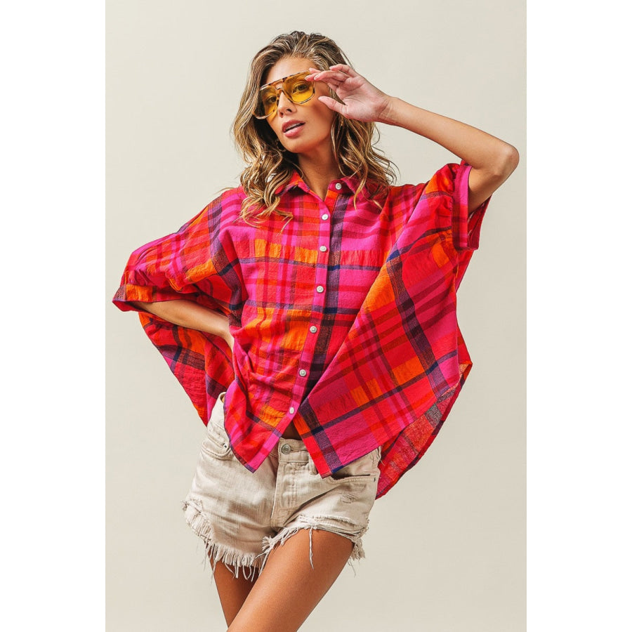 BiBi Button Up Dolman Sleeve Plaid Shirt Apparel and Accessories