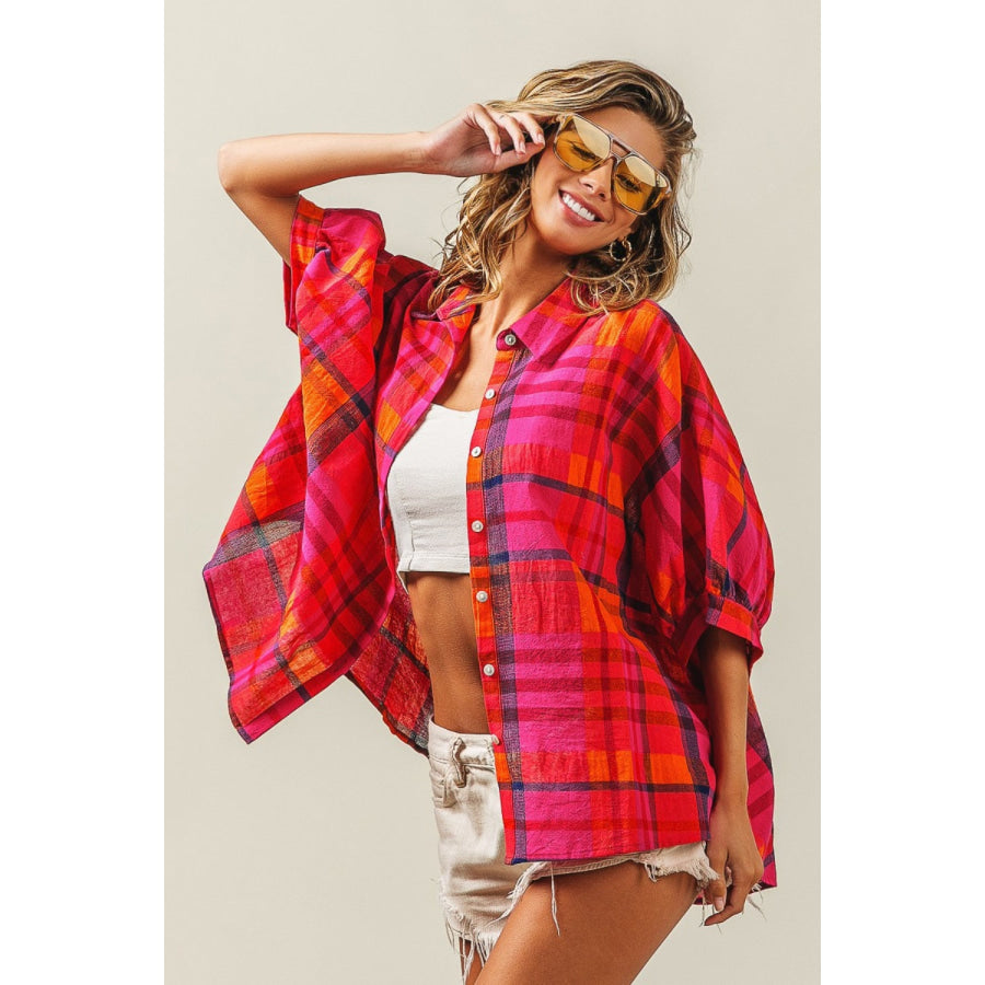 BiBi Button Up Dolman Sleeve Plaid Shirt Apparel and Accessories