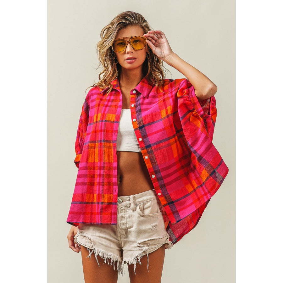 BiBi Button Up Dolman Sleeve Plaid Shirt Fuchsia Multi / S Apparel and Accessories