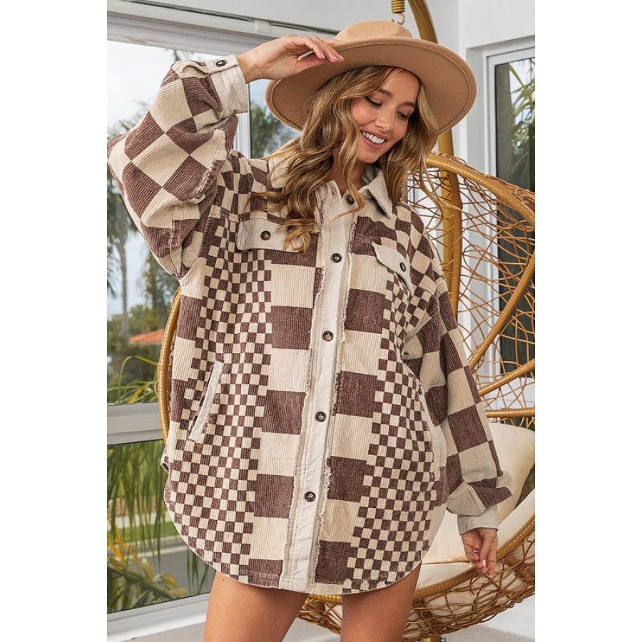 BiBi Checkered Button Down Corduroy Shacket Mocha / S Apparel and Accessories