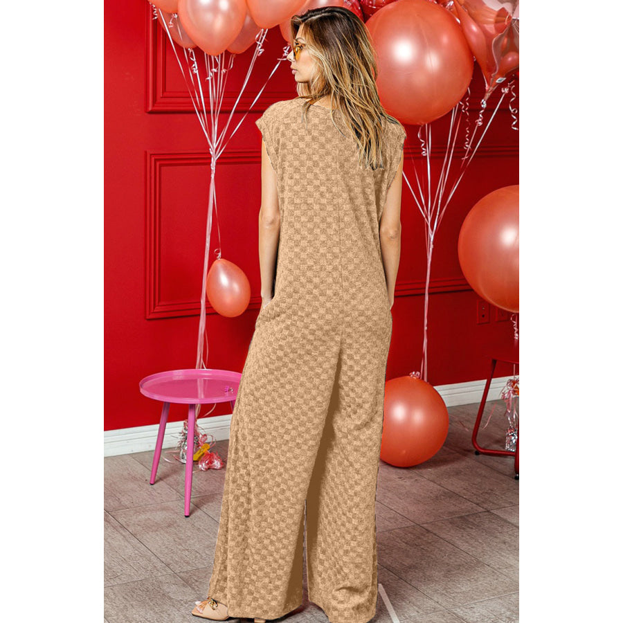 BiBi Checkered Cap Sleeve Wide Leg Jumpsuit with Pockets Taupe / S Apparel and Accessories
