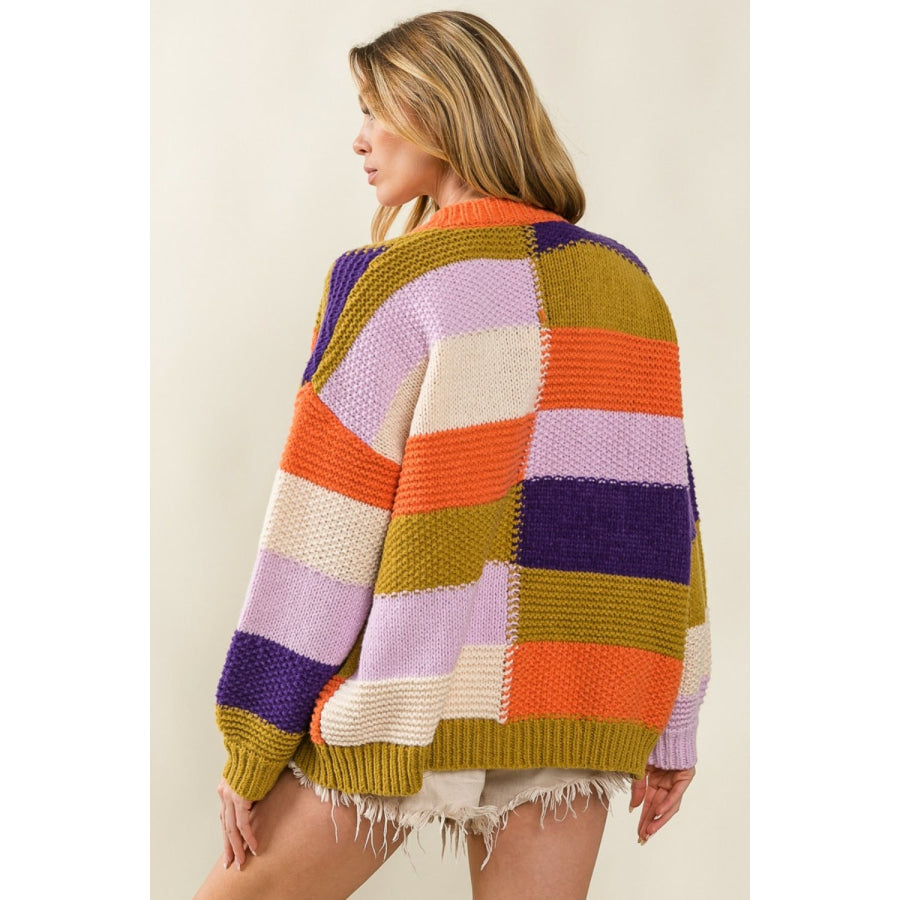 BiBi Checkered Color Block Sweater Cardigan Orange Combo / S Apparel and Accessories