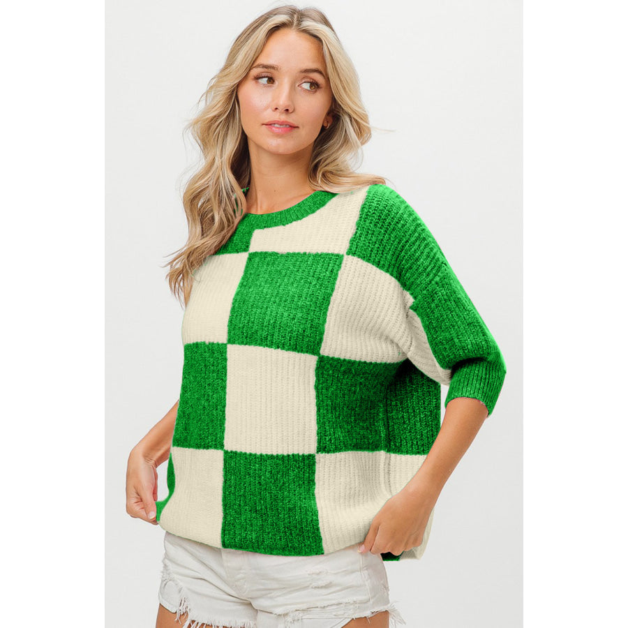 BiBi Checkered Contrast Round Neck Sweater Apparel and Accessories