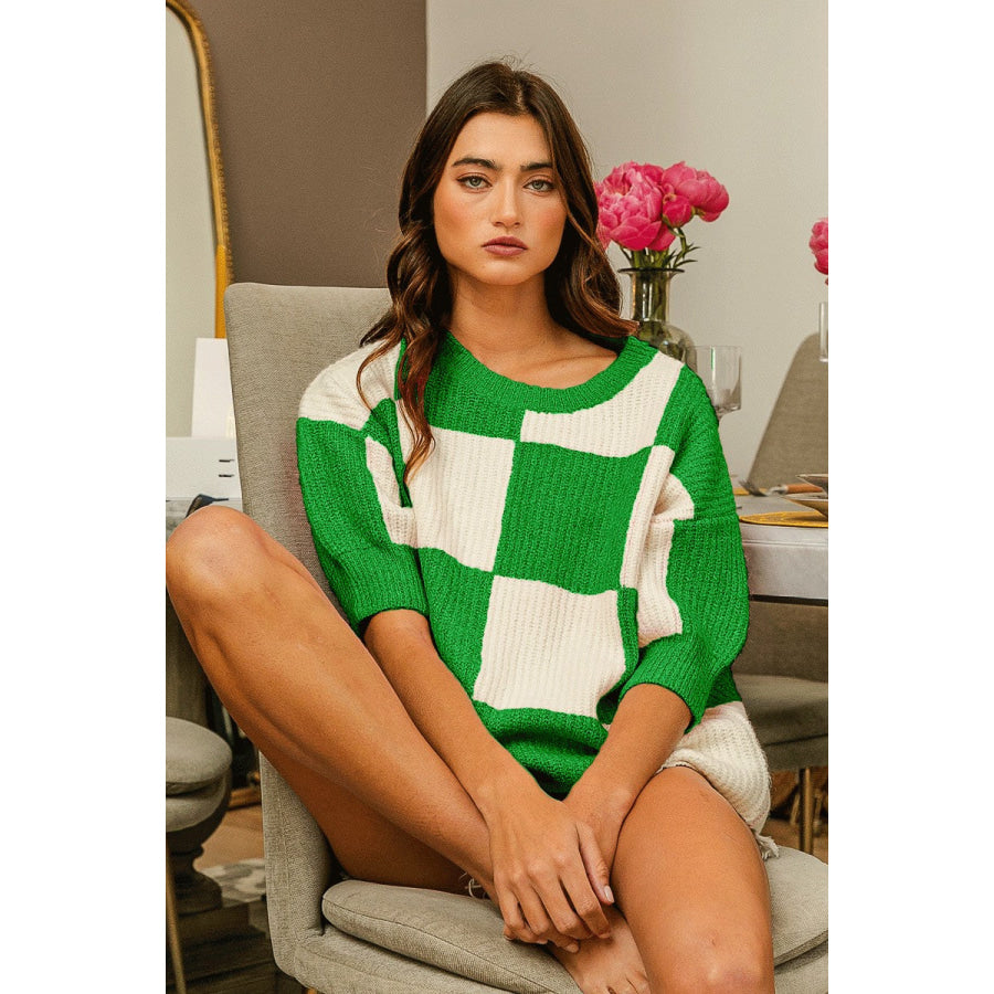 BiBi Checkered Contrast Round Neck Sweater Jade / S Apparel and Accessories
