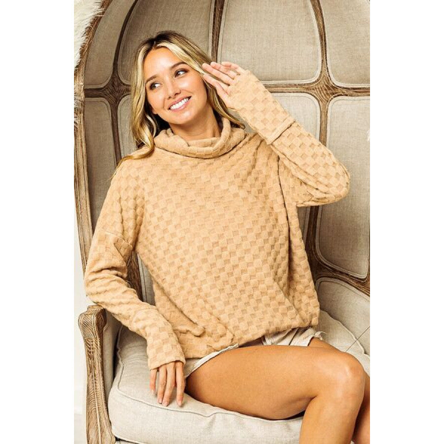 BiBi Checkered Round Neck Thumbhole Long Sleeve Top Apparel and Accessories