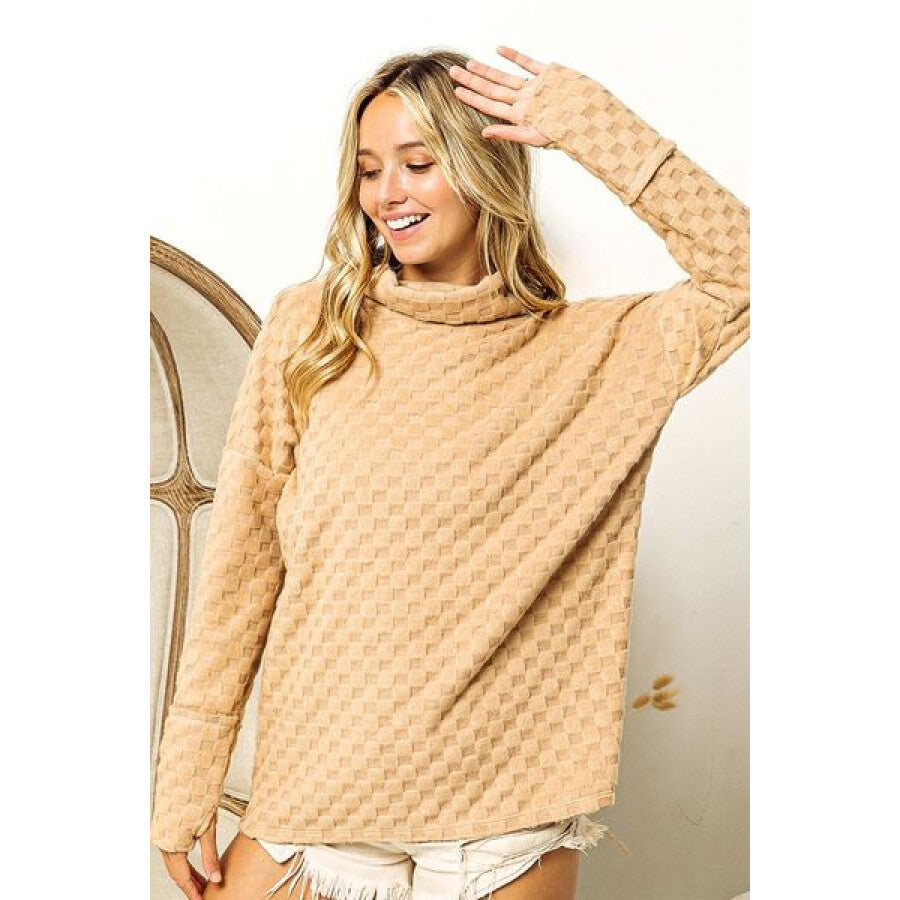 BiBi Checkered Round Neck Thumbhole Long Sleeve Top Apparel and Accessories