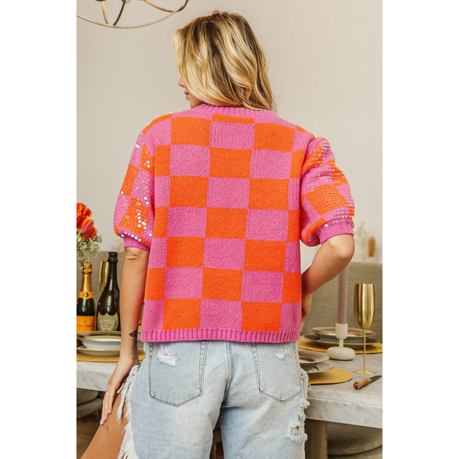 BiBi Checkered Short Sleeve Sequin Sweater Apparel and Accessories