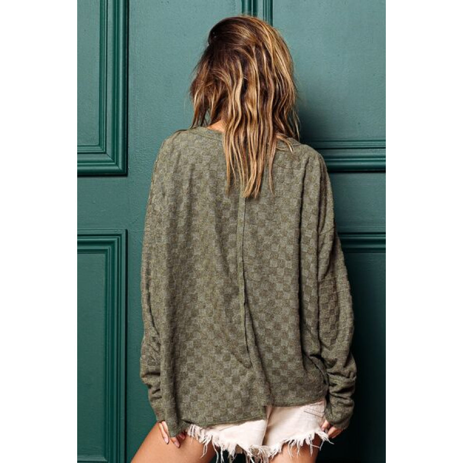 BiBi Checkered Thumbhole Long Sleeve T - Shirt OLIVE / S Apparel and Accessories