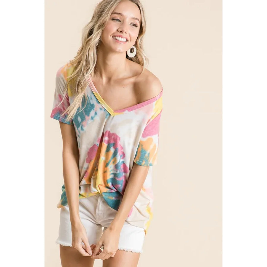 BiBi Circular Tie Dye Print V Neck Top YELLOW ORANGE / S Apparel and Accessories