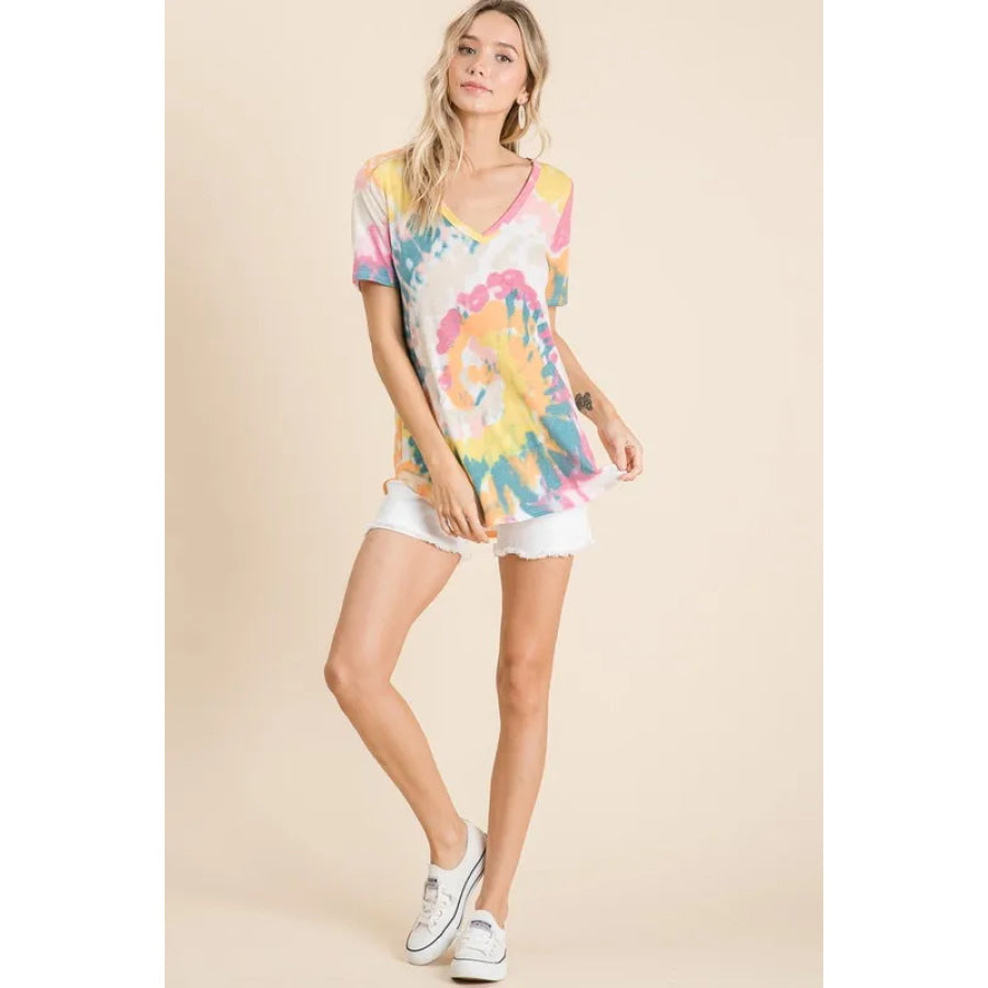 BiBi Circular Tie Dye Print V Neck Top Apparel and Accessories