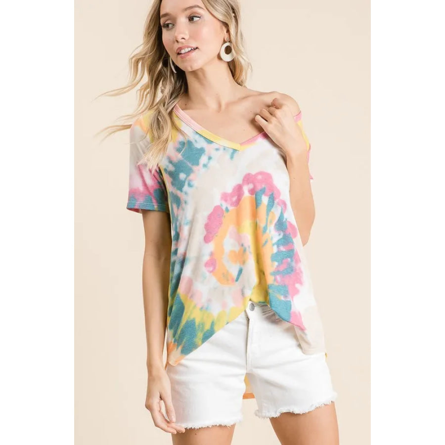 BiBi Circular Tie Dye Print V Neck Top Apparel and Accessories