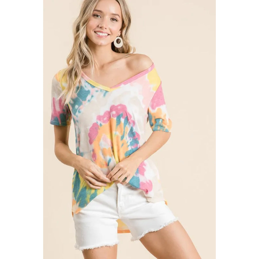 BiBi Circular Tie Dye Print V Neck Top Apparel and Accessories