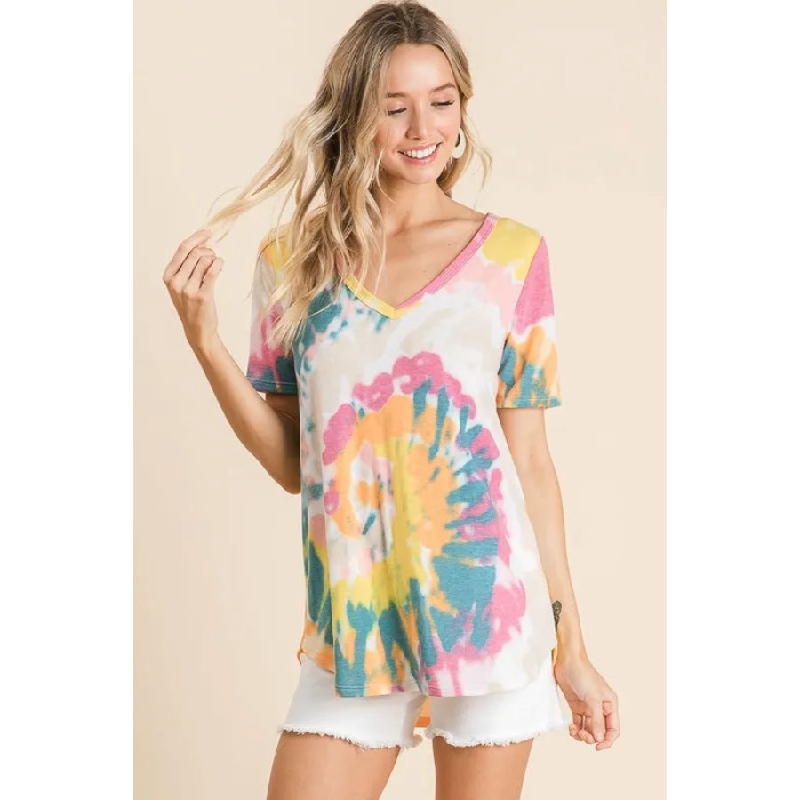 BiBi Circular Tie Dye Print V Neck Top YELLOW ORANGE / S Apparel and Accessories