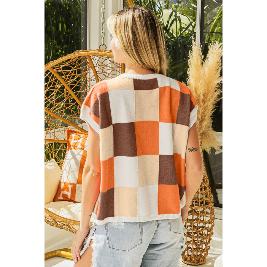 BiBi Color Block Checkered Sweater Vest Rust/Mocha/Oatmeal / S Apparel and Accessories