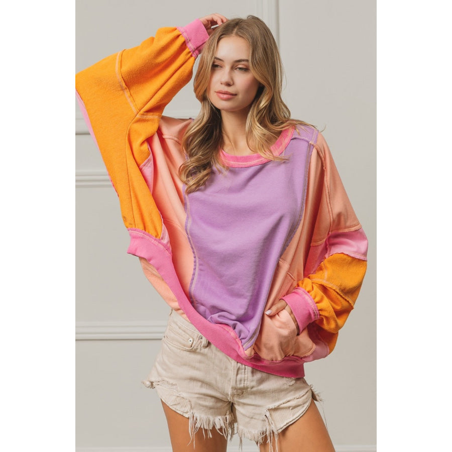 BiBi Color Block Exposed Seam Sweatshirt with Pockets Lavender/Peach/Fuchsia / S Apparel and Accessories