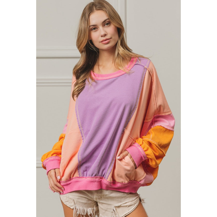 BiBi Color Block Exposed Seam Sweatshirt with Pockets Lavender/Peach/Fuchsia / S Apparel and Accessories