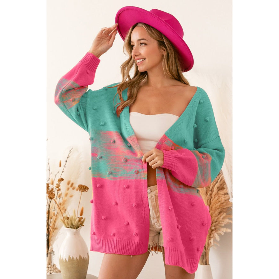 BiBi Color Block Ponpon Sweater Cardigan Turquoise/Pink / S Apparel and Accessories