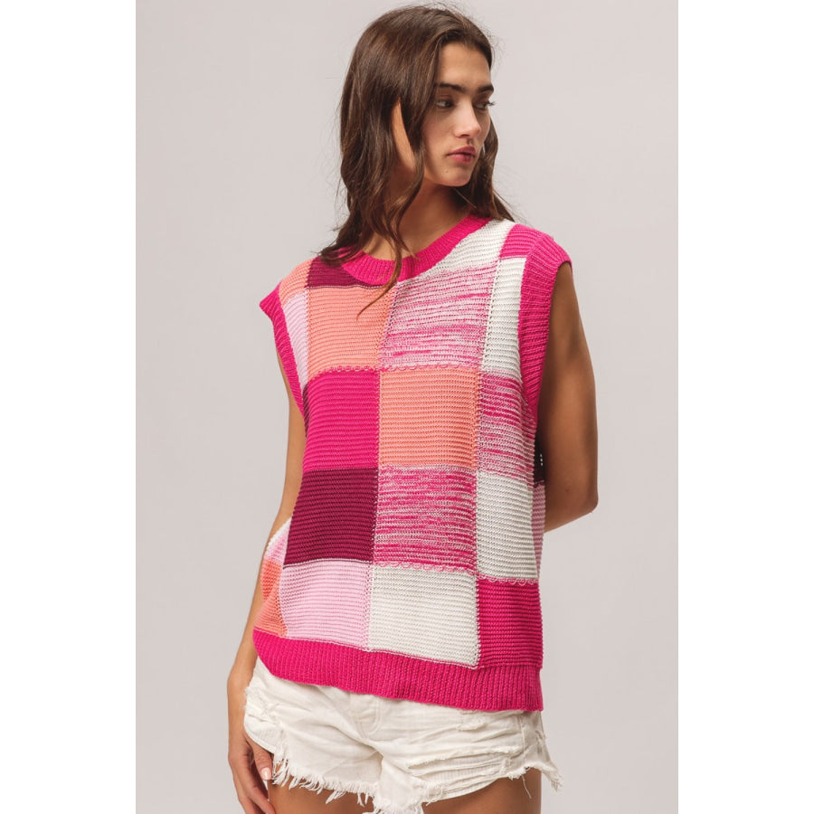 BiBi Color Block Round Neck Sweater Vest Fuchsia Combo / S Apparel and Accessories