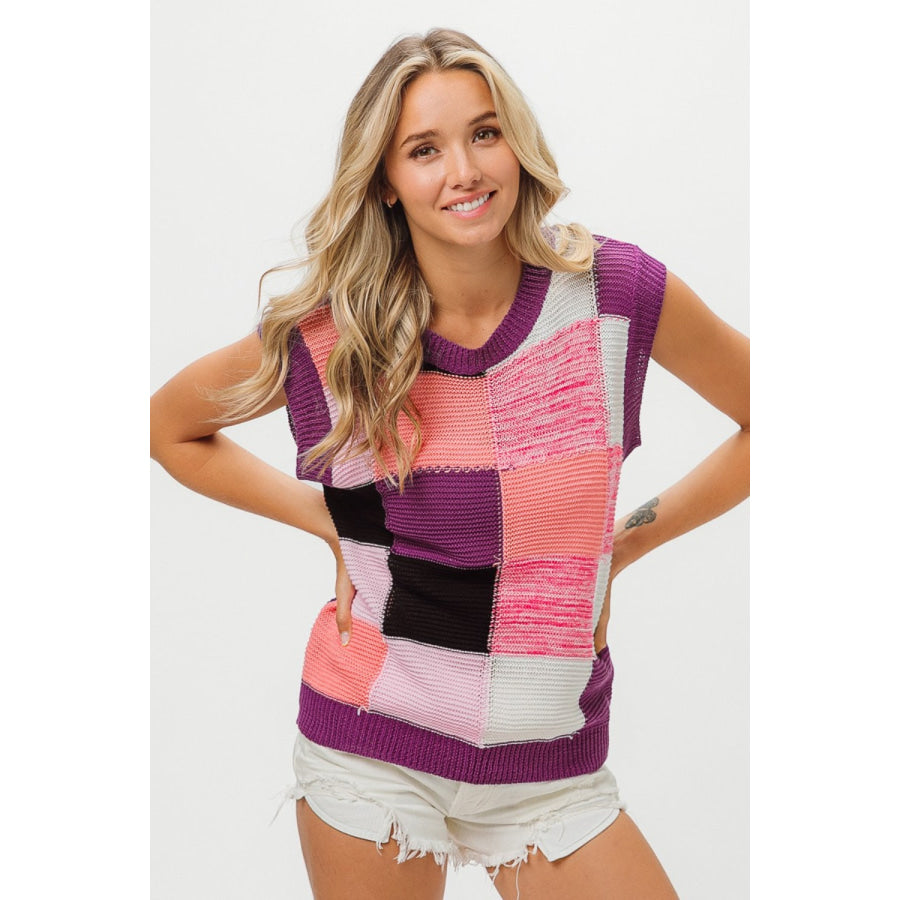 BiBi Color Block Round Neck Sweater Vest Purple Combo / S Apparel and Accessories