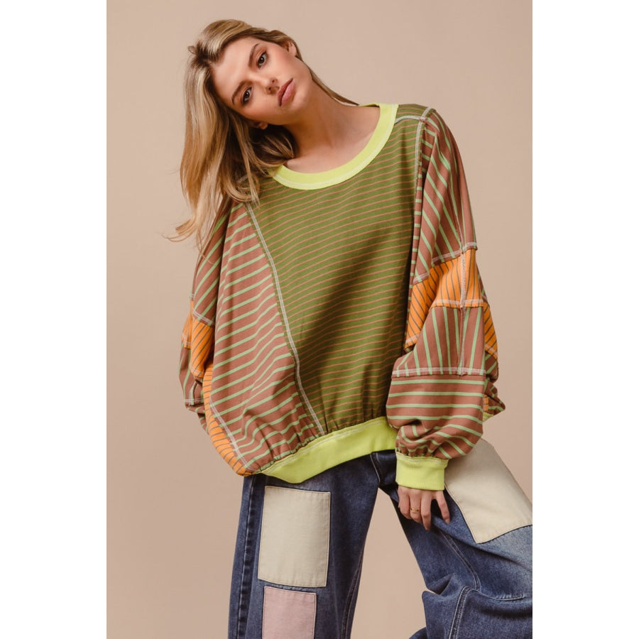 BiBi Color Block Striped Round Neck Sweatshirt Apparel and Accessories